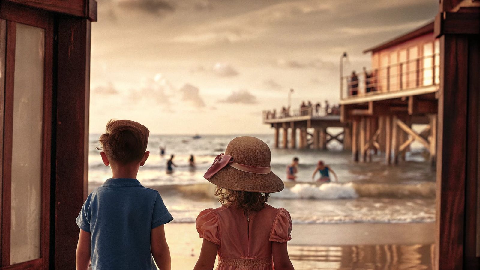 Serene Beach Scene with Children and Lovers of the Sea