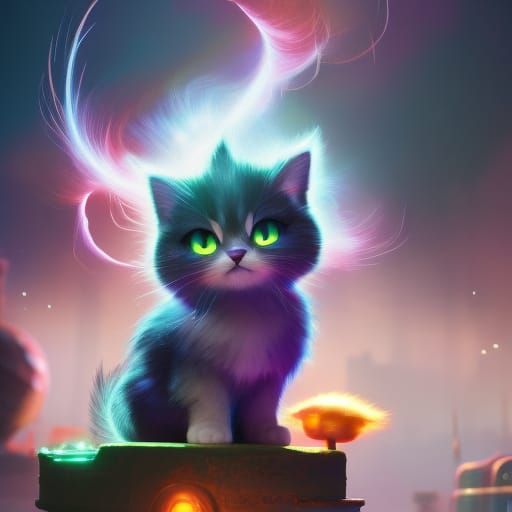 Startled Kitten on Tesla Coil in Detailed Digital Art