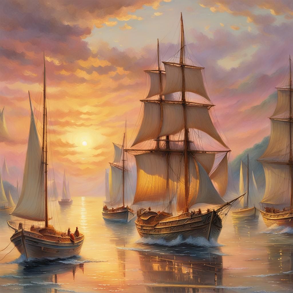 Sunset Sailing: Ethereal Boats in Kinkade Style