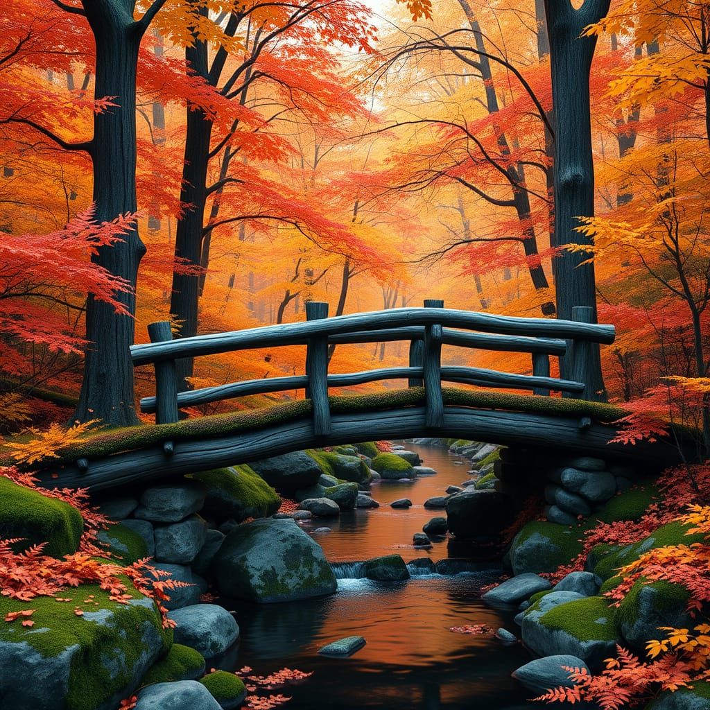 an adorable little wooden bridge, fantastic fall foliage, ne...