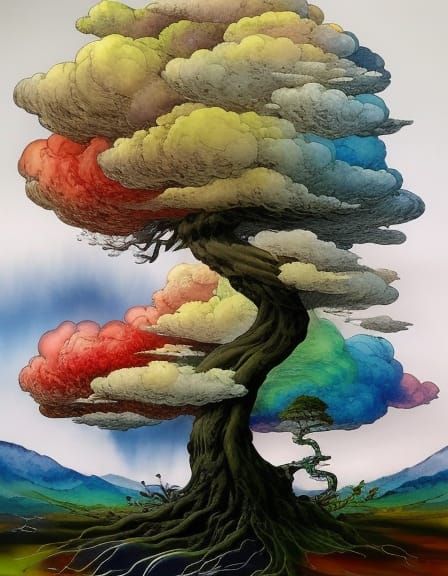 Cloud Bonsai Landscape in Gouache Painting Style
