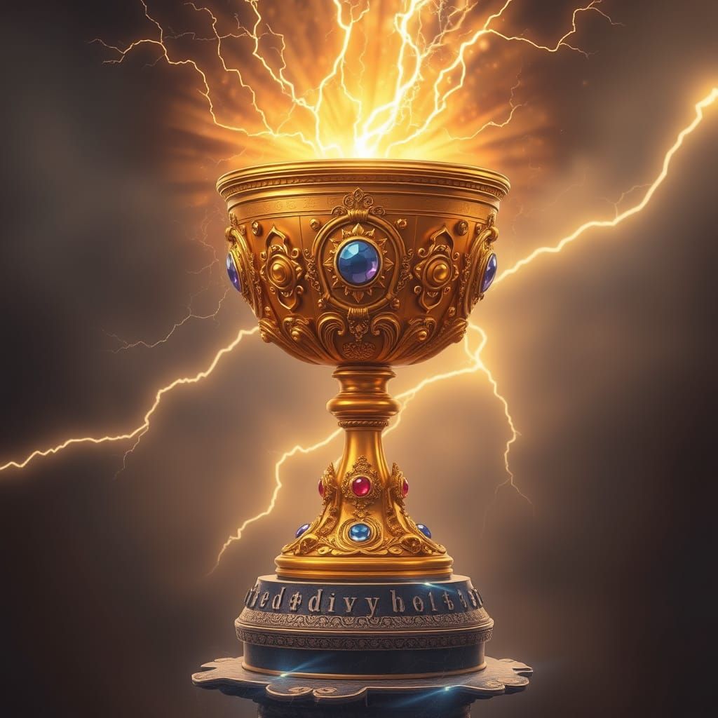 Golden Jeweled Goblet Emitting Lightning on Pedestal