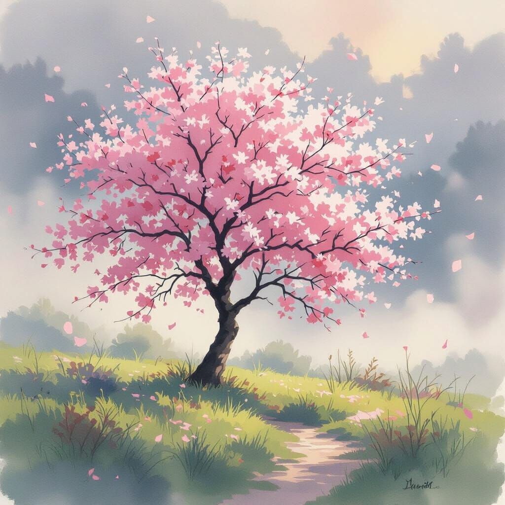 Vibrant Cherry Blossom Tree in Misty Watercolor Landscape