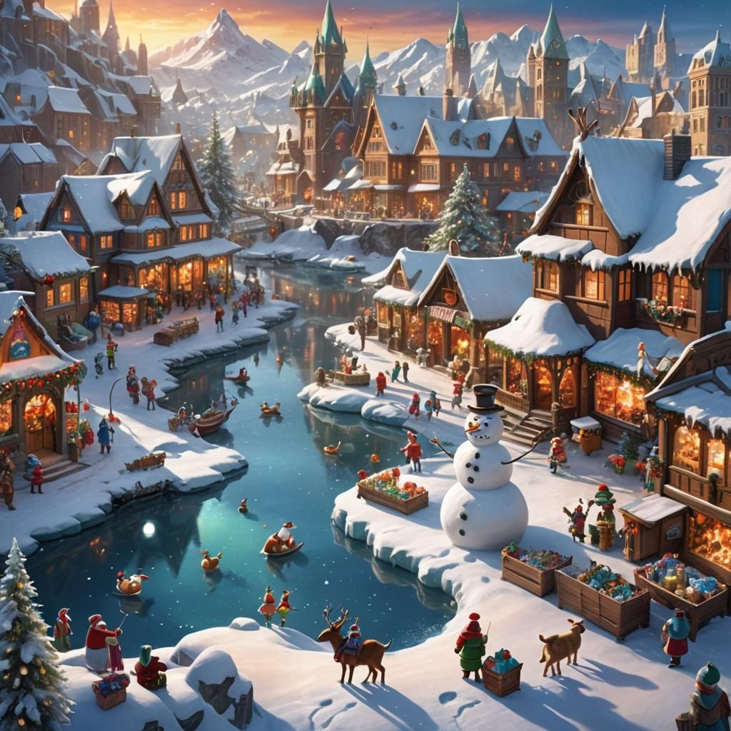 Winter Wonderland With Snowman, Elves, and Santa