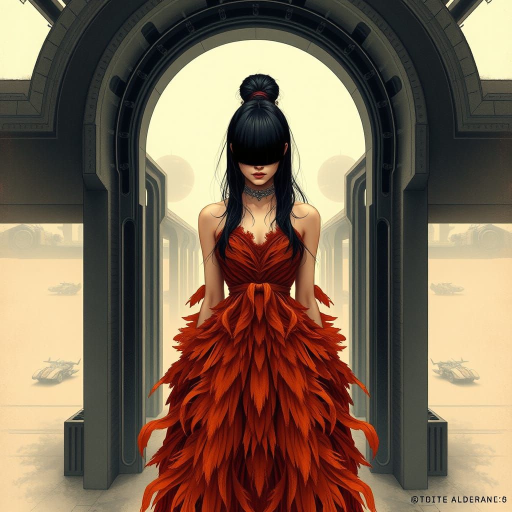 Ethereal Woman in Earth Tones at Misty Spaceport