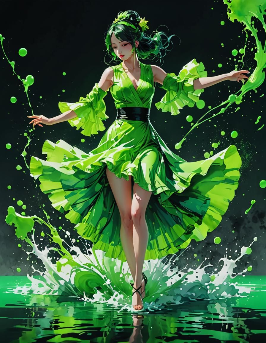 Neon Green Watercolor Ink Flamenco in Anime Style