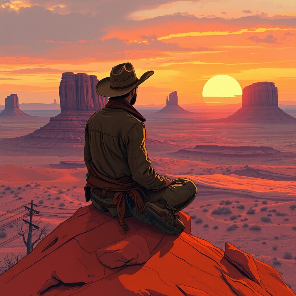 Cowboy Gazing at Dawn in Monument Valley: Astral Illustratio...