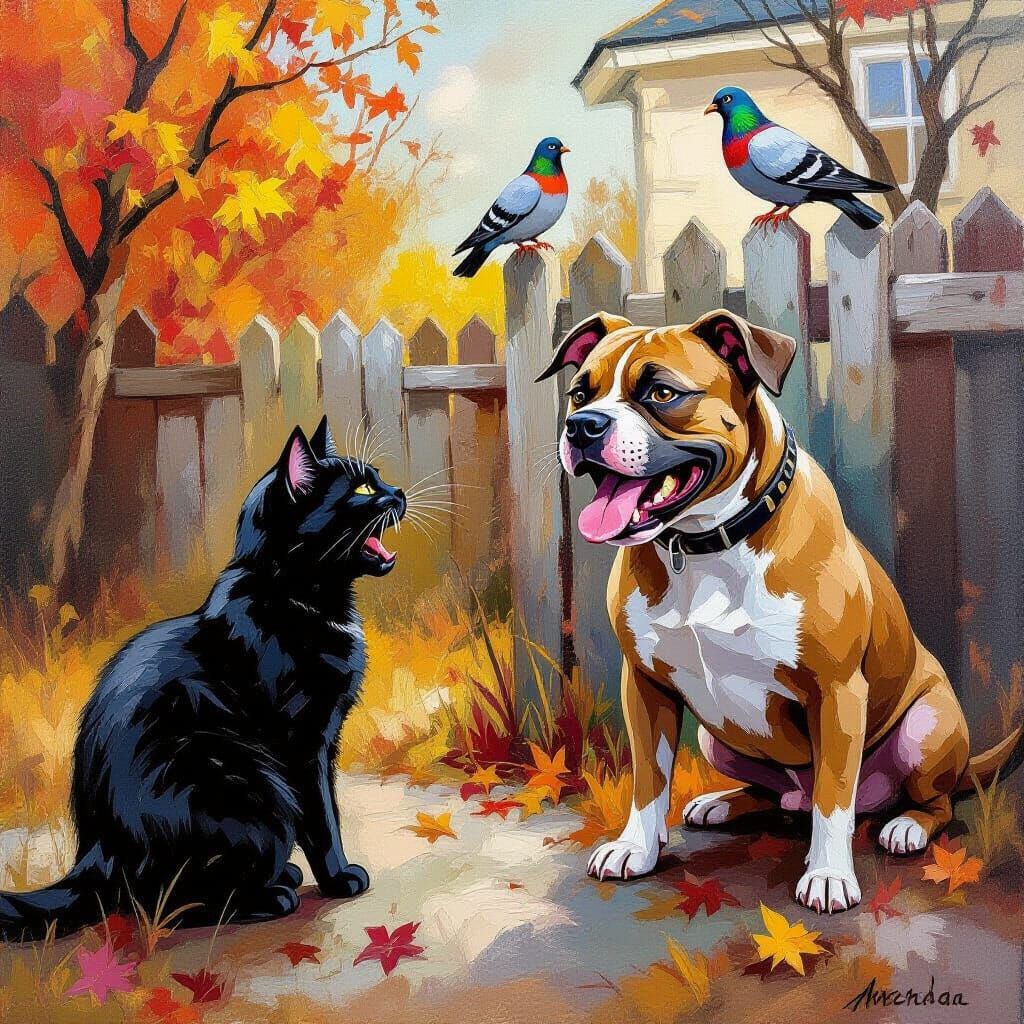 Feline Fury: Cat's Panic as Dog Approaches in Autumn Backyar...