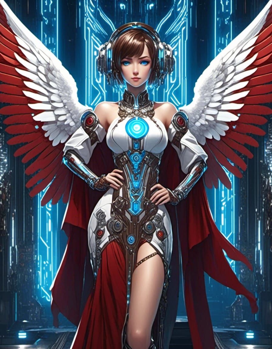 Symmetrical Anime Goddess, short brown hair, blue eyes, white angel wings, Red & blue with steel accented robe dress, or...