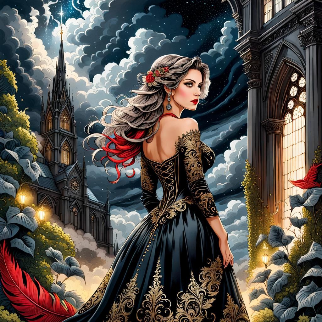 Stormy Night: Art Deco Woman Under Moonlight