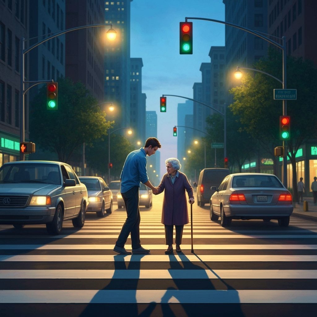 Kind Man Helps Elderly Woman Cross Busy Street at Dusk