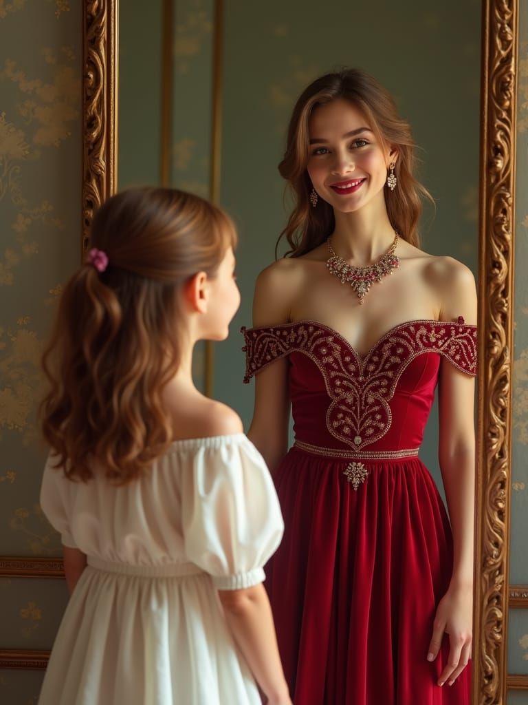 Girl Envisions Future in Ornate Mirror