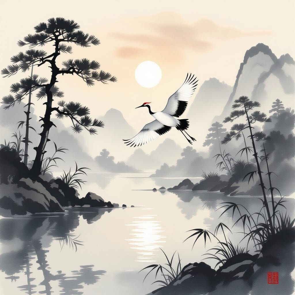 Crane Over Misty Lake: Serene Sumi-e Painting