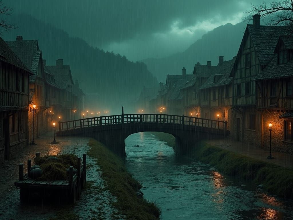 Medieval Town Under Stormy Night Sky