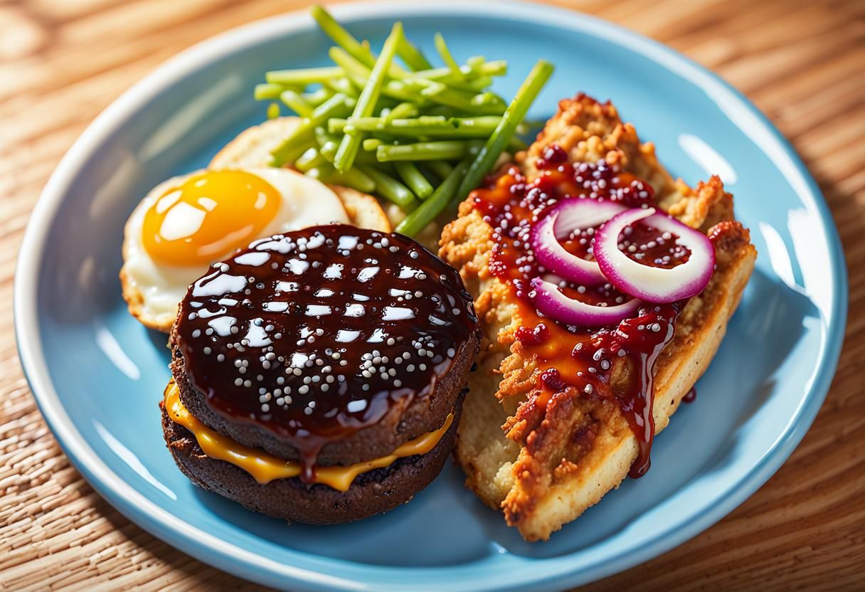 Juicy Teriyaki Egg Double Hamburger: Food Photography