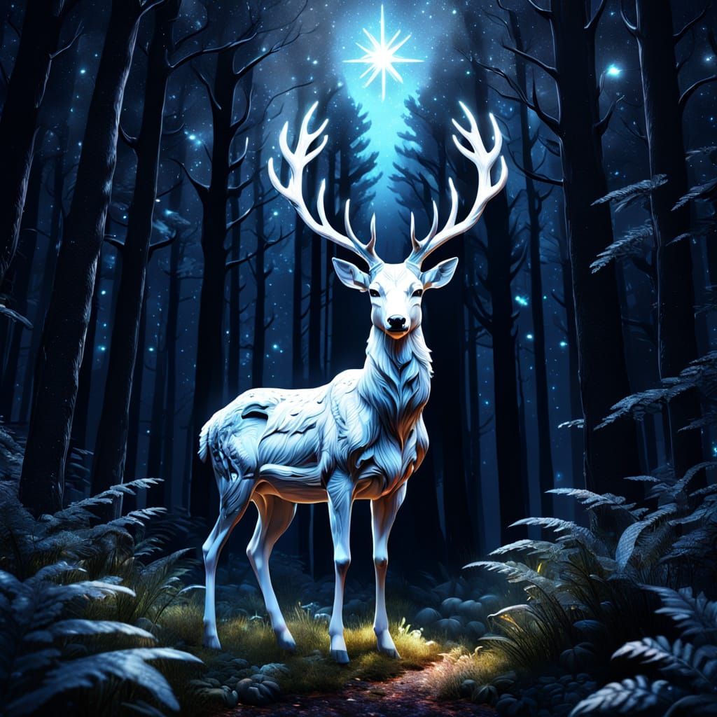 Shimmering Starlight Deer in Dark Forest