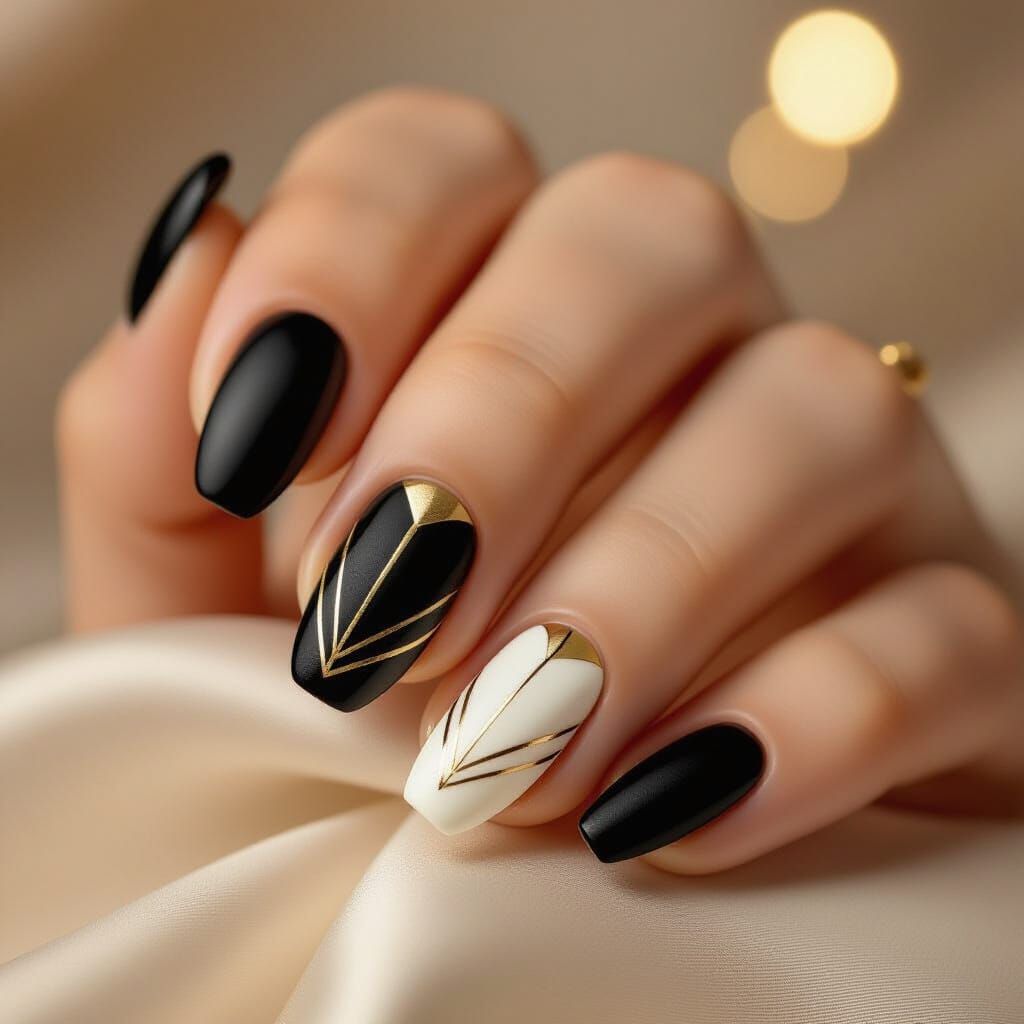 Art Deco Manicure: Ivory & Gold Geometric Nails