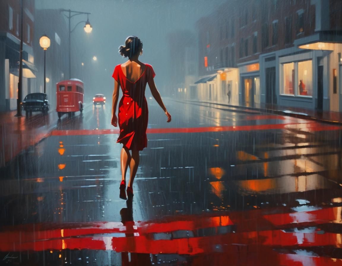 Woman in Red Dress on Rainy Street, Film Noir