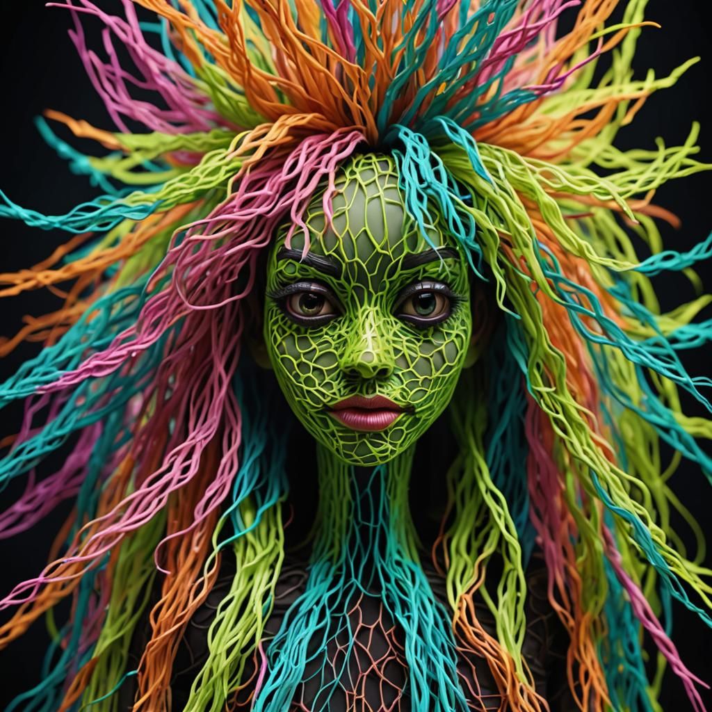 Neon Hair Puppet in 3D Mesh Array