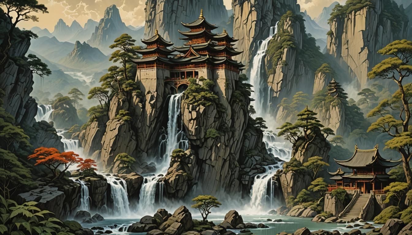 Mountain Landscape with Dragons in Acrylic Art