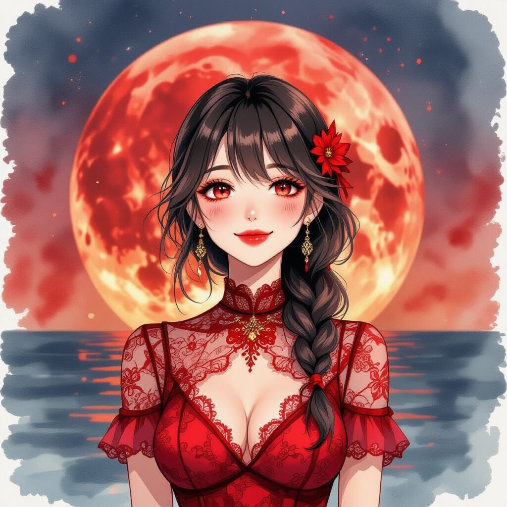 Woman in Red Dress Before Blood Moon