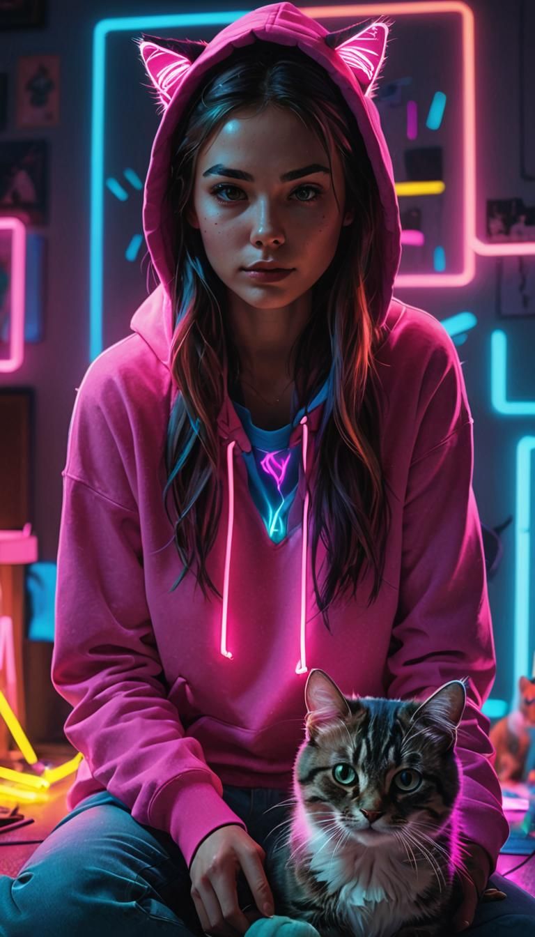 Neon Noir: Woman and Cat in Vibrant Digital Art