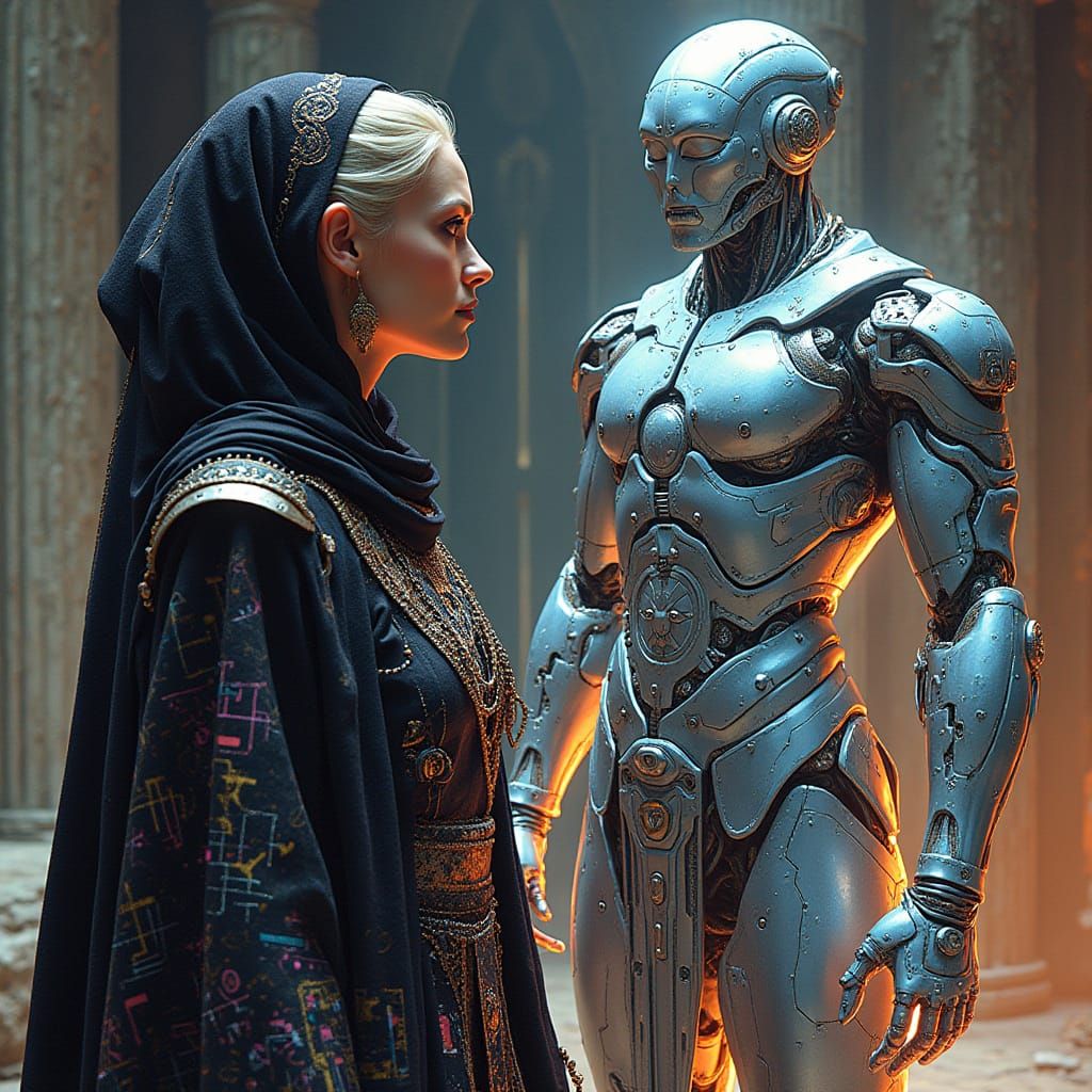 Cyberpunk Goddess of Wisdom Stands Beside Robotic Enki