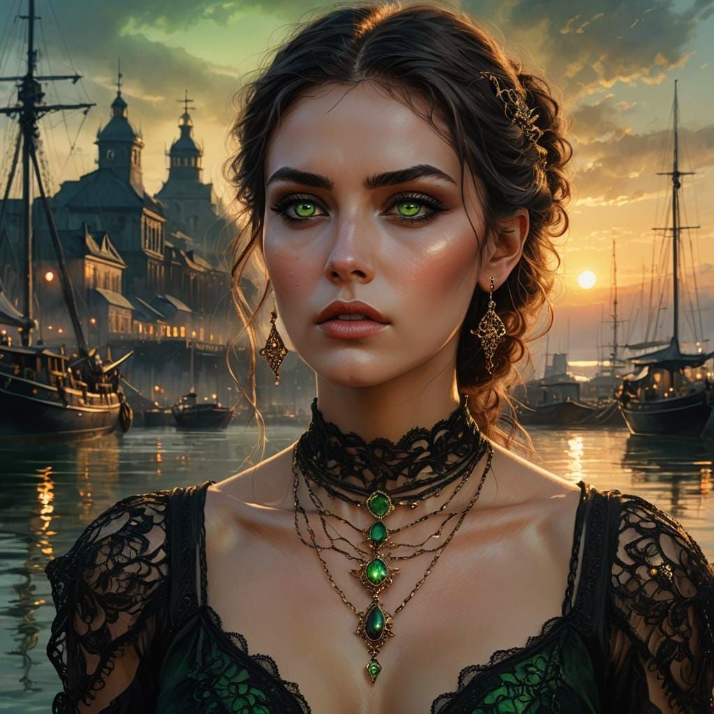 Elegant Adventurer with Green Eyes: Fantasy Art
