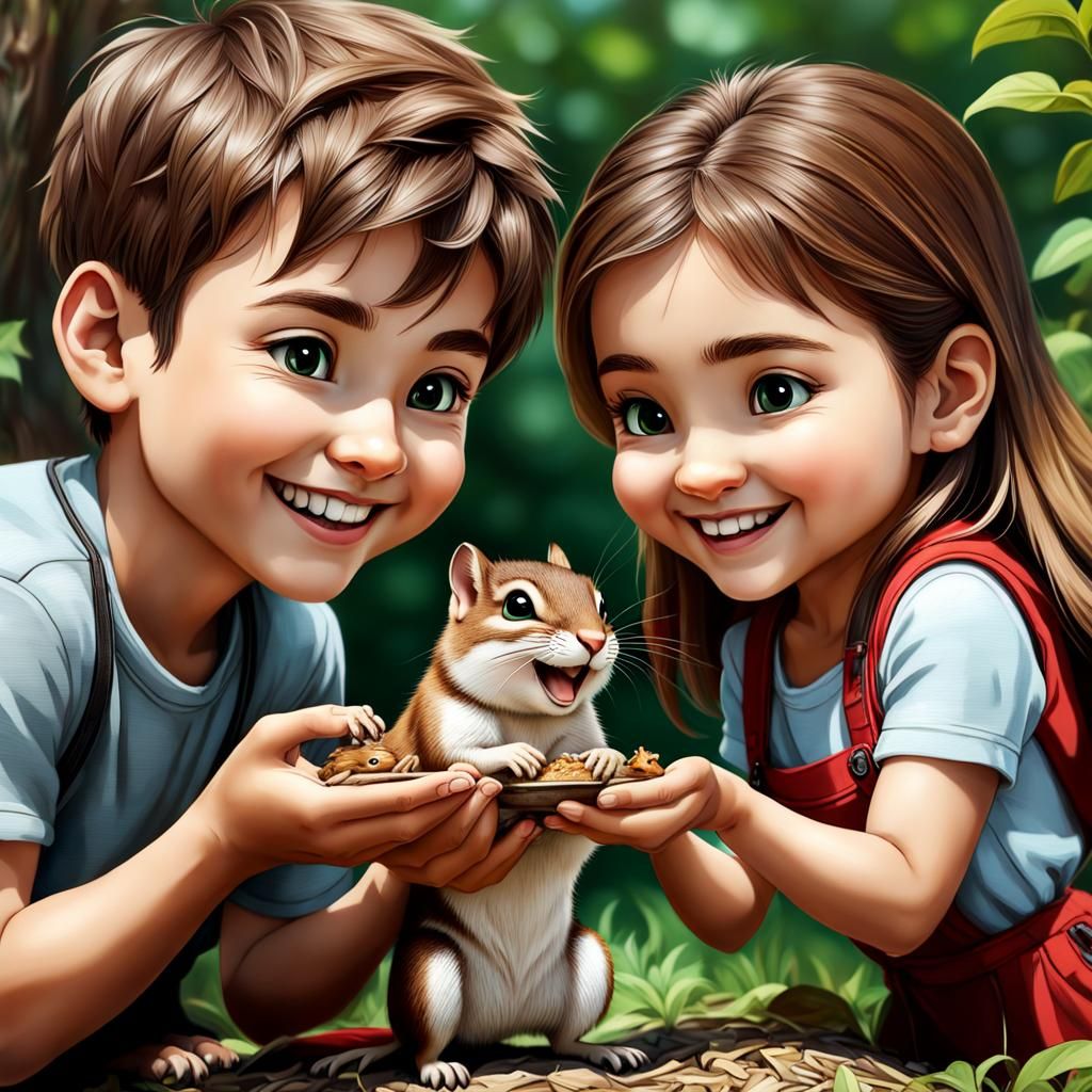 Children Share Seeds With a Chipmunk