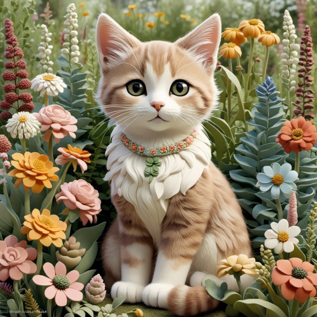Kitten in Flower Garden in Folk-Art Style