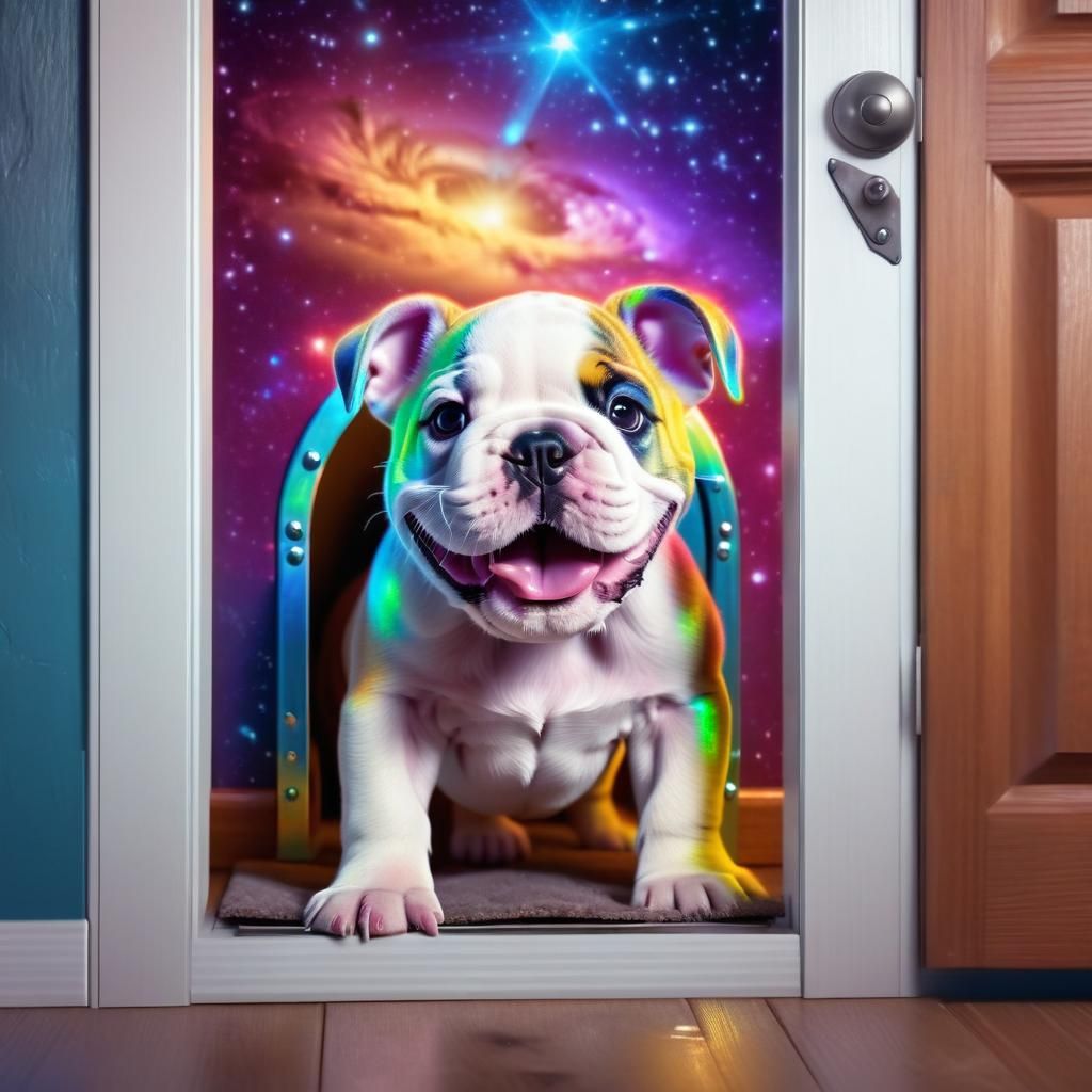 Happy Bulldog Puppy in Holographic Astral Illustration