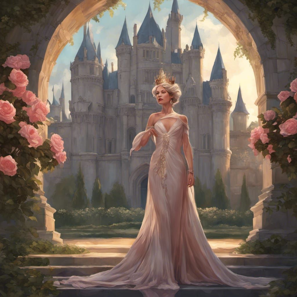 Queen with Crown at Castle Entrance, Detailed Portrait
