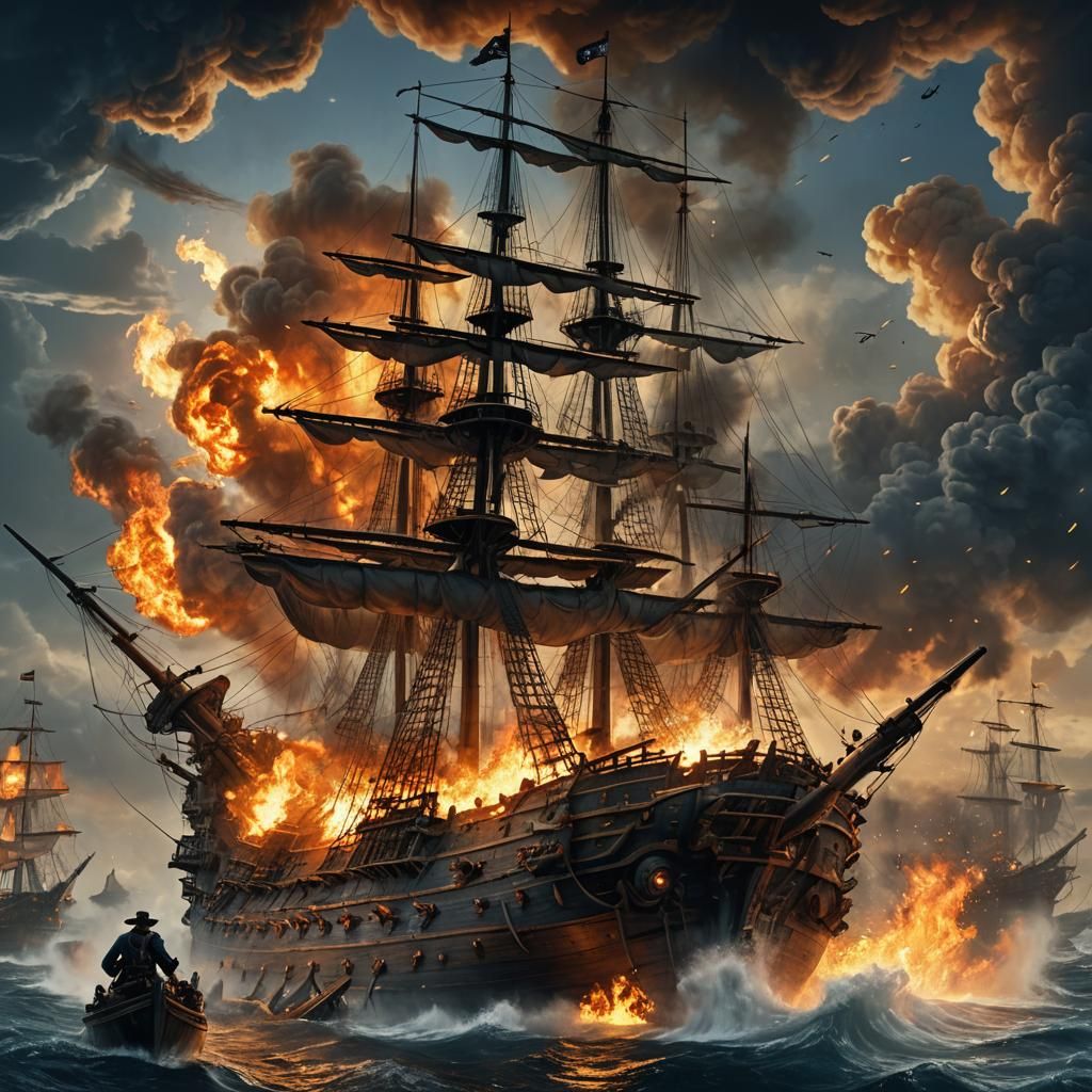 Pirate Battleship Fires Cannon in Stormy Seas