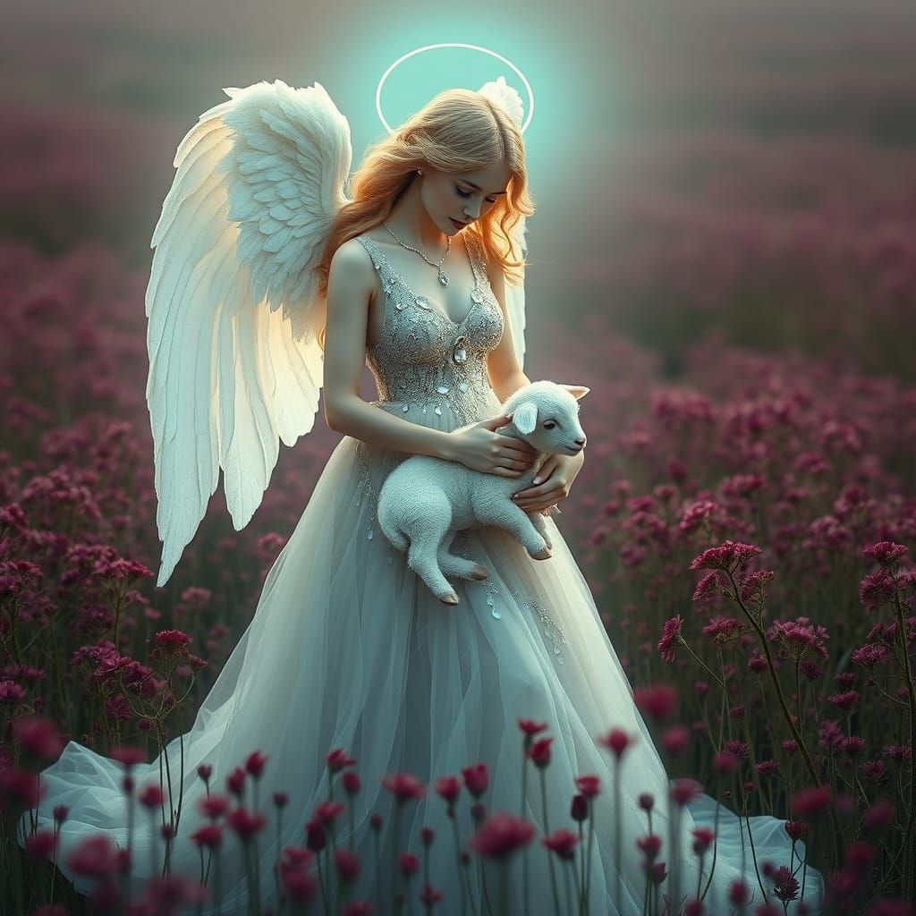 Serene Angel with Lamb in Teal and Burgundy