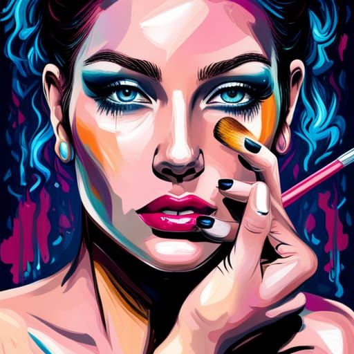 Model Applying Makeup in Graffiti Street Art Style