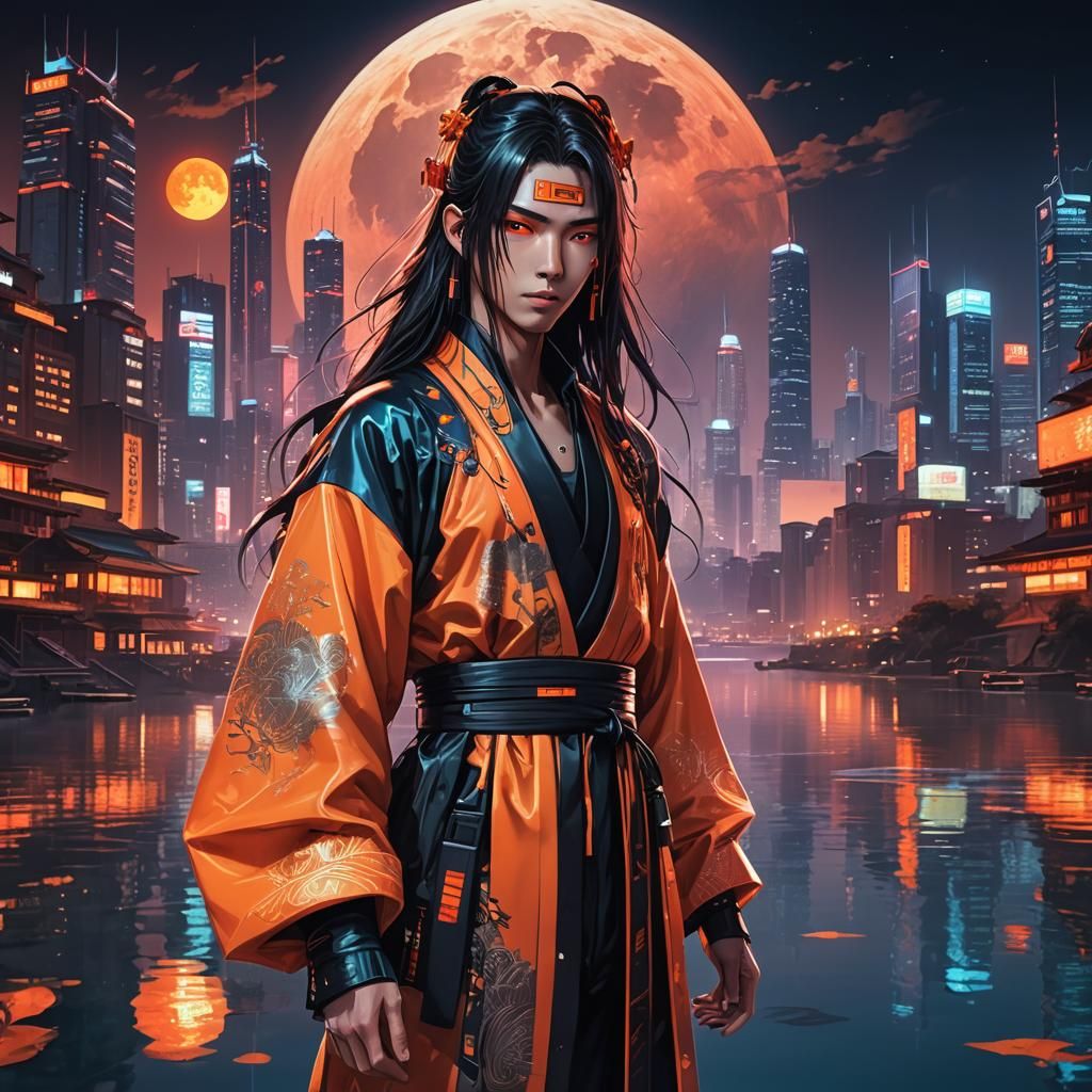 Androgynous Anime Character in Cyberpunk Cityscape