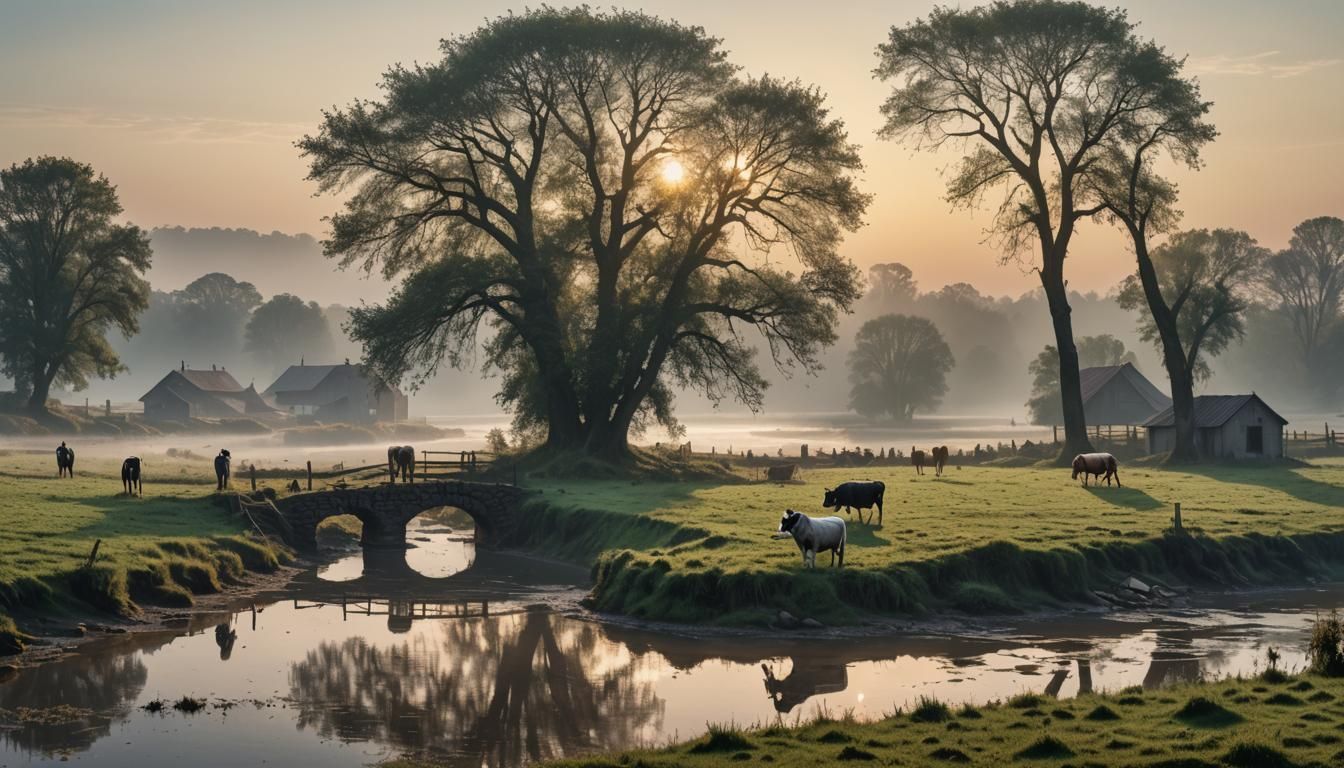 Farm Landscape at Sunrise in Morning Mist
