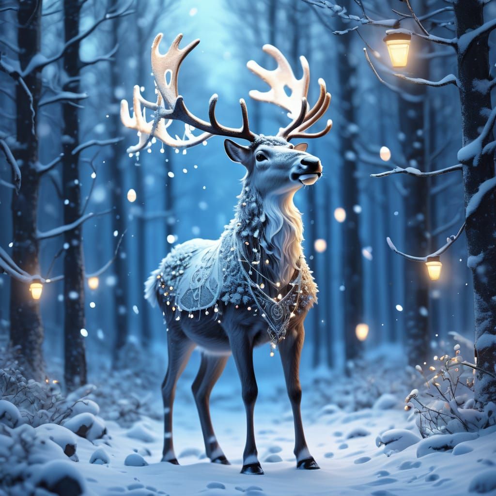Cute Reindeer with Festive Lights in Snowy Forest