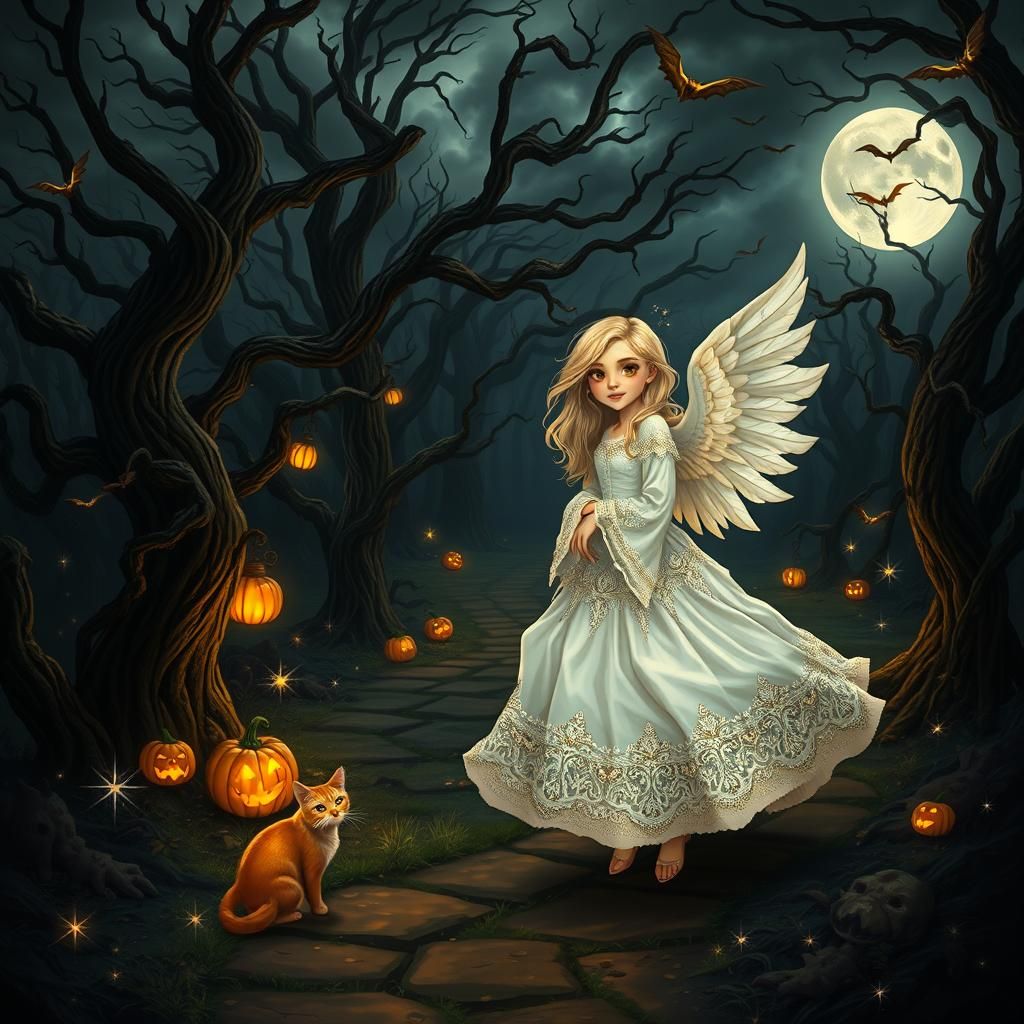Enchanting Halloween Angel and Winged Cat in Dark Forest