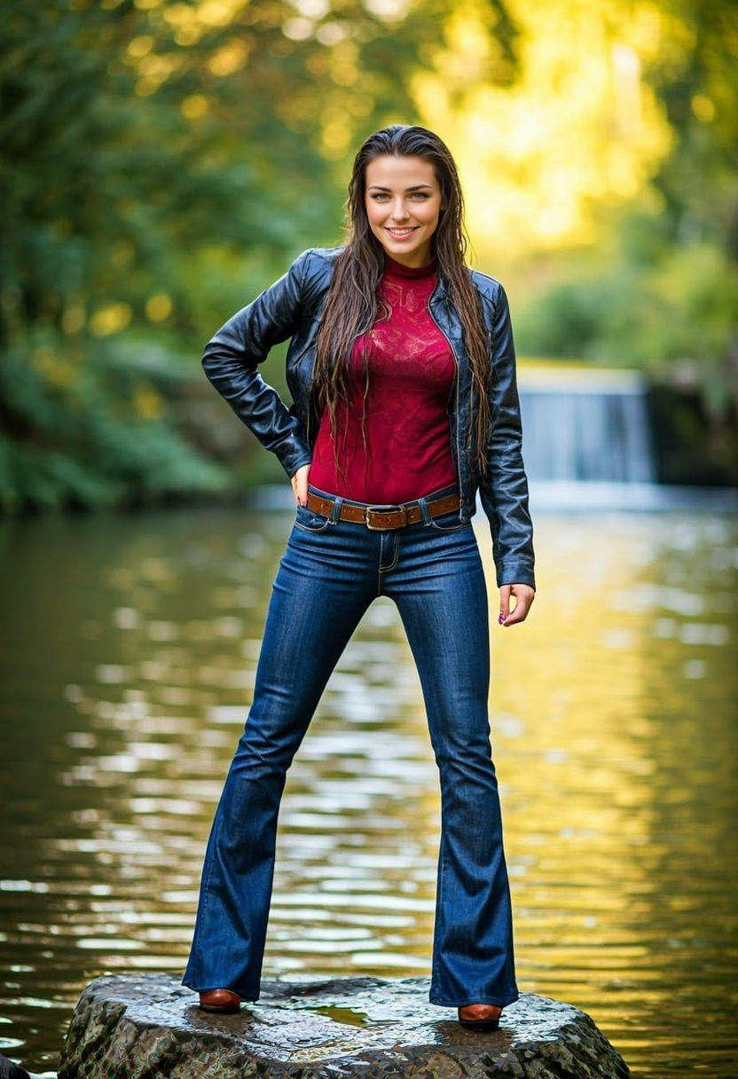 Sultry Brunette Basks in Sunlit Creek Scene