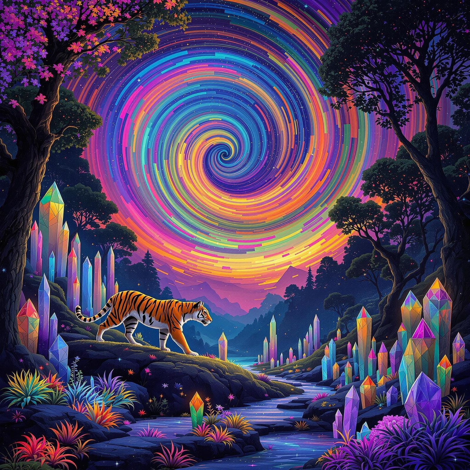 Thylacine in Bioluminescent Crystal Forest, Klimt Style