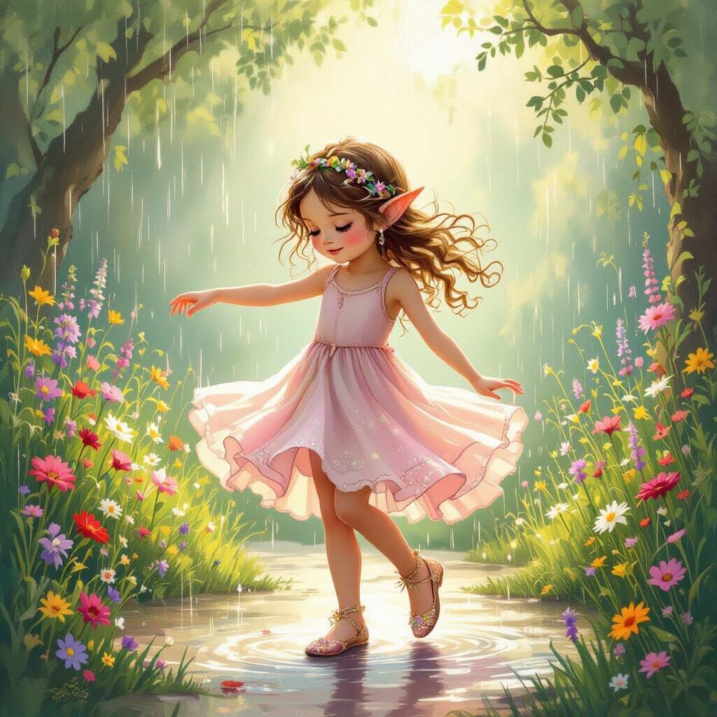 Elf Dances in Summer Rain: A Fantasy Art Piece