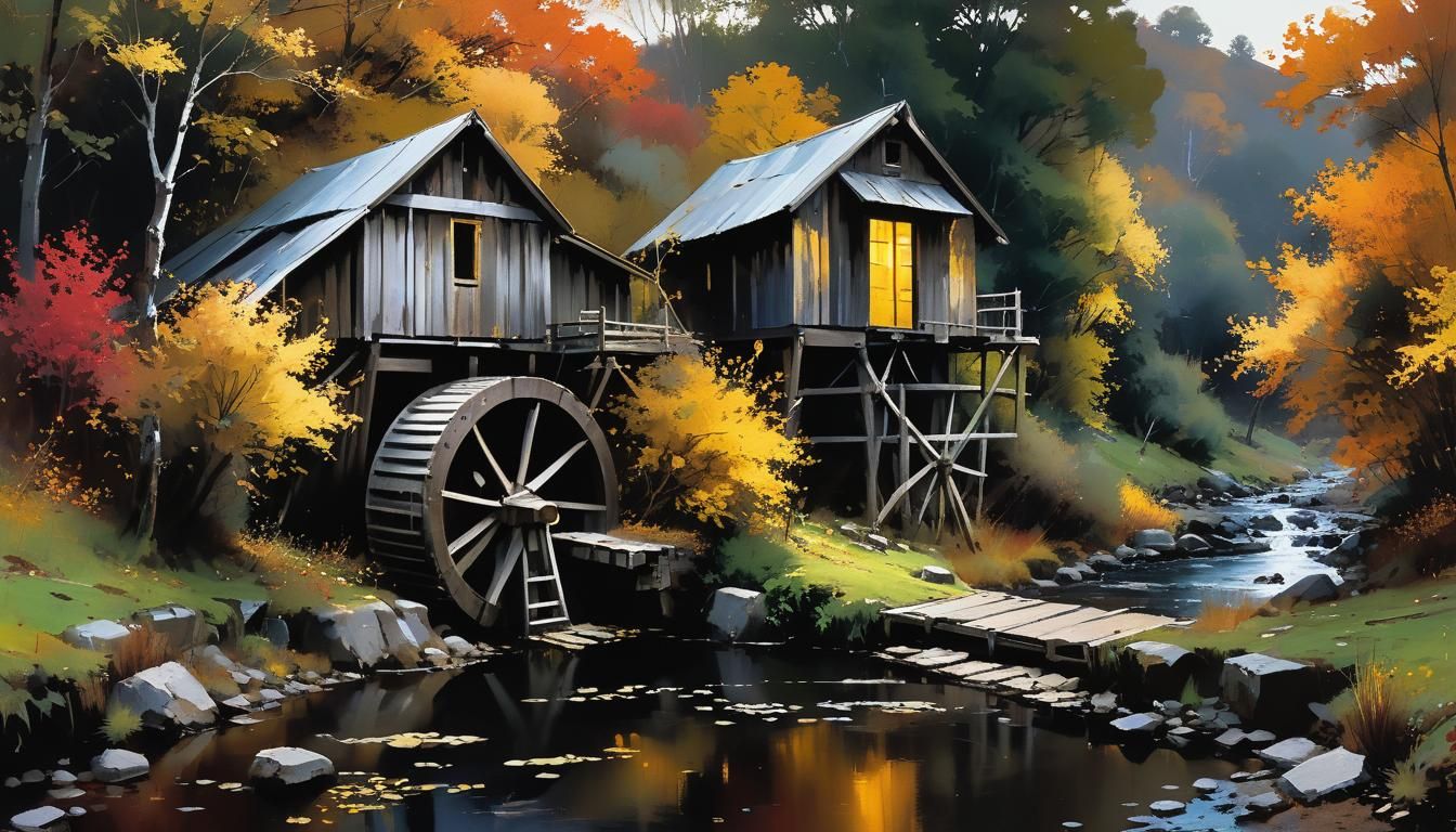 Autumnal Water Wheel Scene in Golden Light