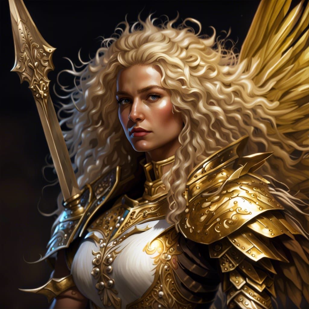 Golden Armored Valkyrie with Wings, Detailed Fantasy Art
