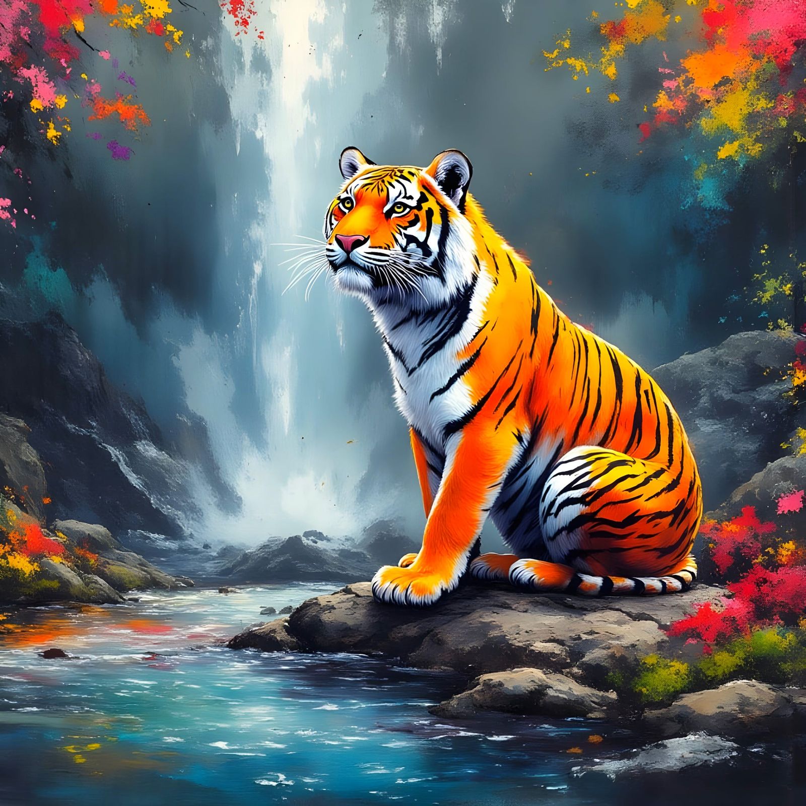 Tiger by Waterfall in Expressive Grunge Style
