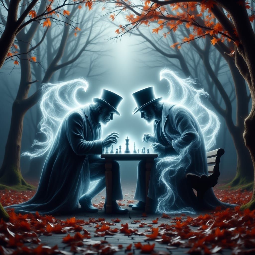 Victorian Ghosts Play Chess in Autumn Park