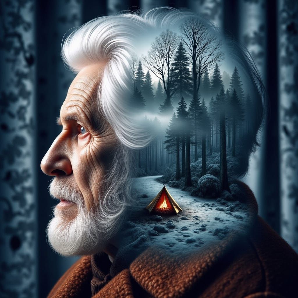 Lewis Clark faces double-exposure over the glowing harsh winter landscape of the Columbia River and a campsite.<lora:Flu...