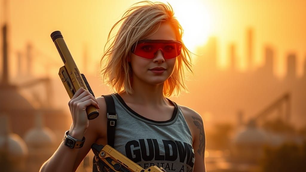 Confident Woman with Golden Gun in Futuristic Sunset