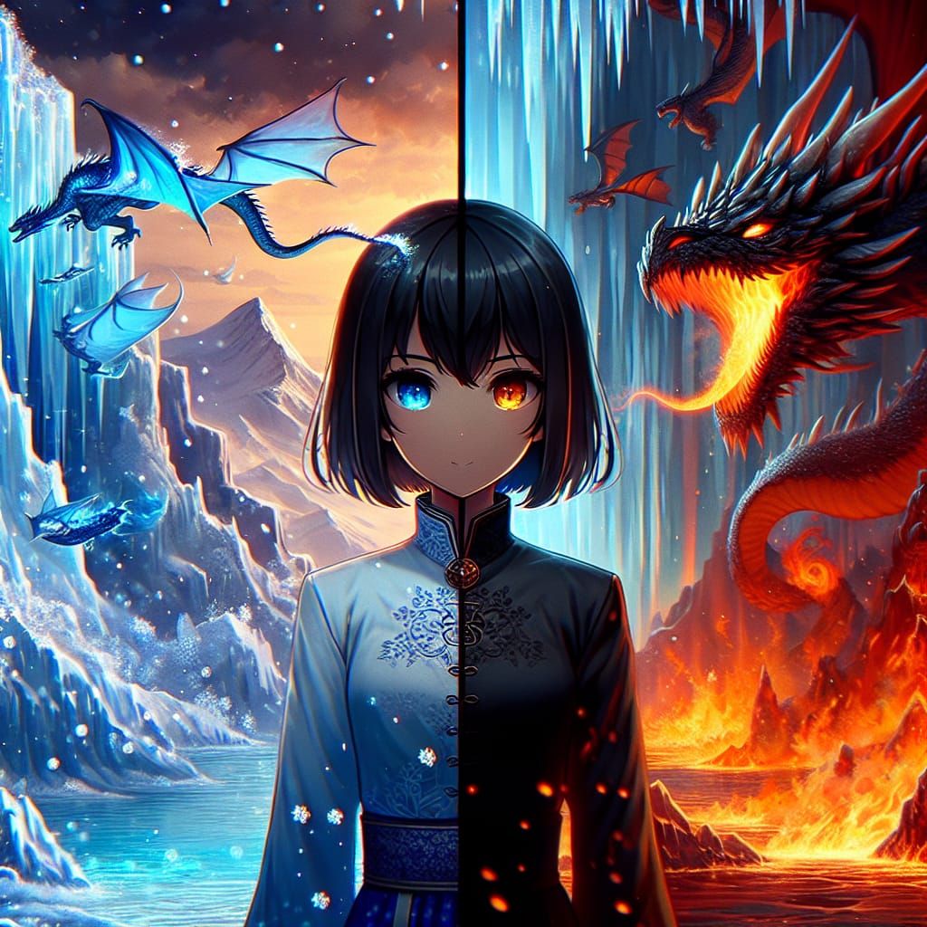 Anime Woman Between Ice and Fire Realms