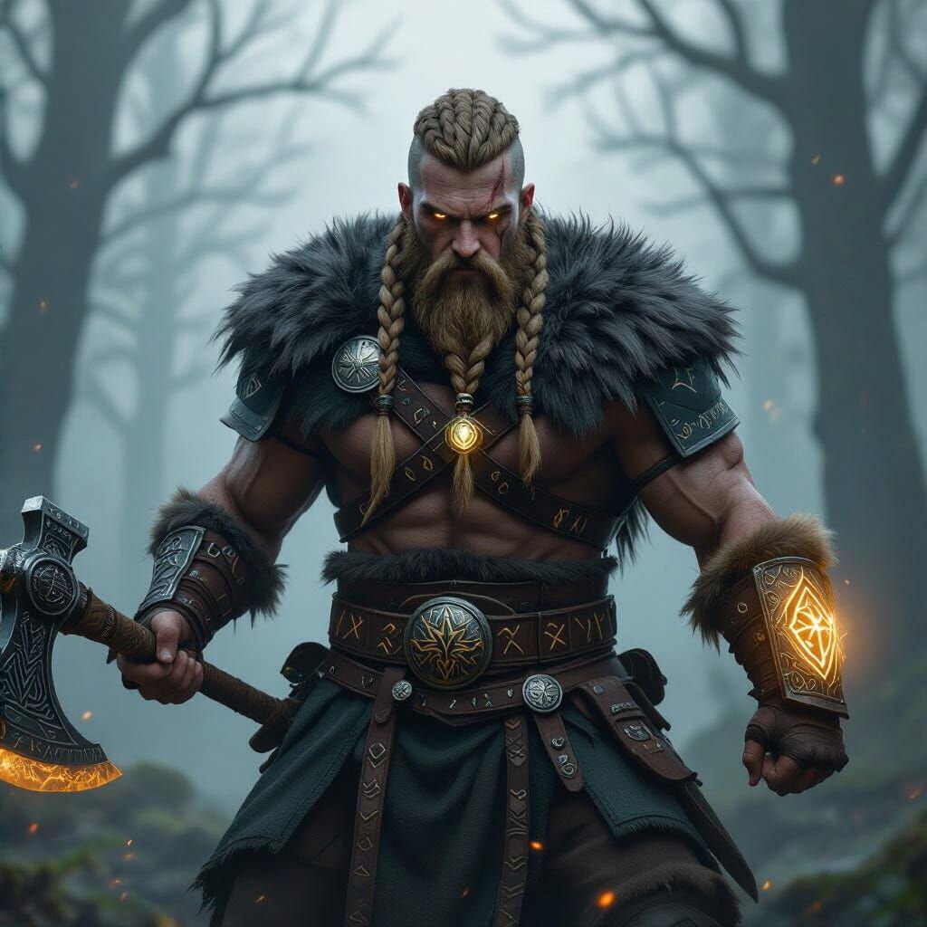 Viking Berserker in Mystical Forest, Genshin Impact Style